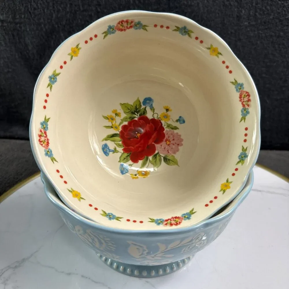 The Pioneer Woman Sweet Rose 6.25 Inch Ceramic Bowls Set of 2 Scalloped Blue New